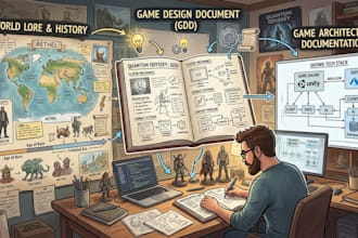 design your gdd, world lore, and game architecture documentation