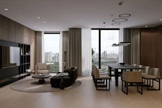 modern3d penthouse apartment,open plan interior,bedroom render,cgi dining layout