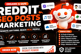 use organic reddit seo post to promote ai tool, kid video, book, saas or webapp