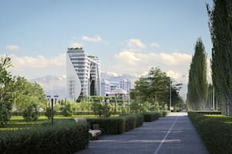 modern commercial building,office exterior visualization, uncommon facade design