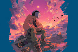design anime illustrations in brutalism style for a shirt, album cover, poster
