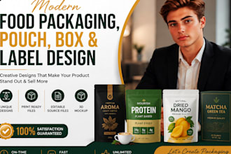 design modern food packaging, pouch, box and label design