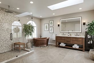 create modern kitchen interior bathroom layout shower and realistic 3d rendering