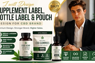 design supplement label, bottle label and pouch design for cbd brand