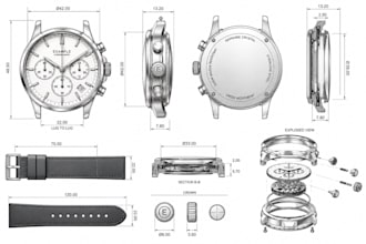 design professional watch technical drawings and cad models