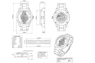detailed wristwatch technical drawings, cad models and 3d render