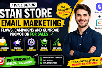 setup stan store email marketing flows campaigns and gumroad promotion for sales