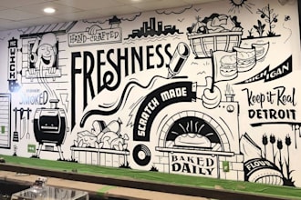 design office wall art, doodle typography, mural design, vector art