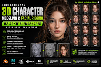 do 3d character modeling, facial rigging add 52 arkit blendshapes apple arkit