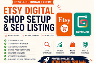 create etsy digital products, etsy shop setup, etsy SEO listings and gumroad
