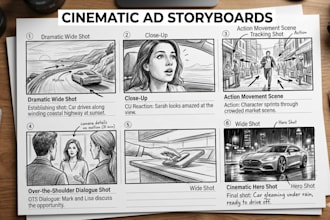 create cinematic commercial storyboard illustrations for ads and marketing