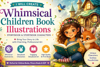 create whimsical children book illustrations  storybook and storybook characters