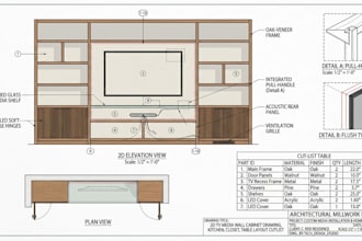 create 2d tv media wall cabinet drawing, kitchen, closet, table layout cutlist