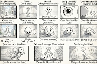 create cinematic storyboard for animation design and fantacy art