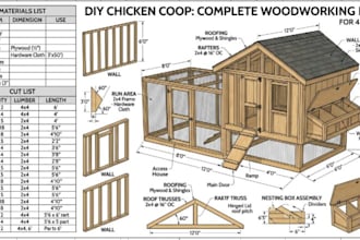draw detailed chicken coop, diy woodworking plan with materials and cut list