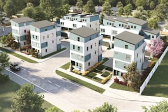 modern townhouse complex, minimalist buildings, residential estate, interior dwg