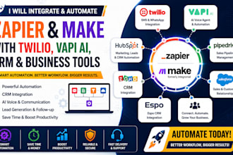 integrate zapier make with twilio, vapi io, hubspot zoho pipedrive crm,salesforc