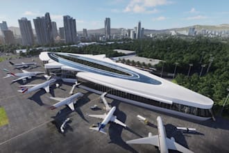 design 3d airport for msfs 2024, signage layout, railway and high poly renders