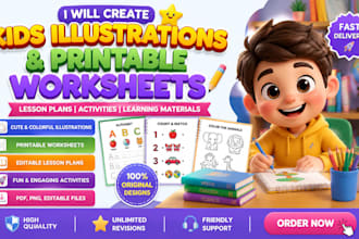 create cute children book illustrations and educational worksheets