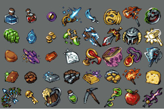 create 2d game assets, pixel icon, props, object, weapons pixel vfx