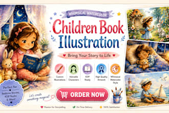 draw whimsical watercolor children story book illustration for KDP storybooks
