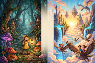 draw fantasy children book illustrations for magical story adventures
