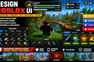 design roblox UI, roblox buttons, inventory, roblox shop, health bars, terrain