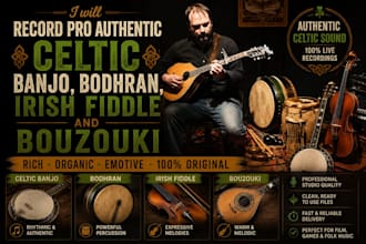 record authentic celtic banjo, bodhran, irish fiddle and bouzouki