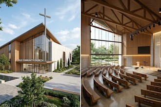 design modern church interior and exterior with realistic 3d rendering