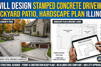 design stamped concrete driveway, backyard patio, hardscape plan illinois