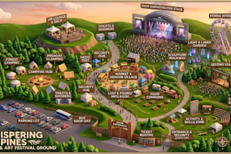 design 3d isometric or vector map, festival event venue map concert stage layout