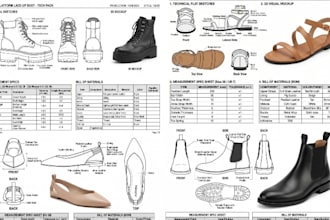 design detailed tech pack for sneakers, shoe, heel, loafers for production