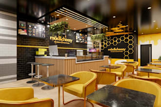elevate restaurant interior visualization,dining space,food court seat area, cad