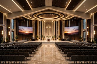 design church interior and exterior in 3d rendering and animation