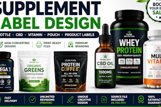 design supplement label, bottle label, cbd vitamin, pouch and product label