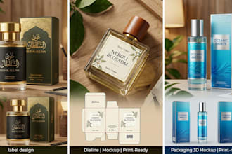 design luxury perfume label and bottle packaging with print ready files