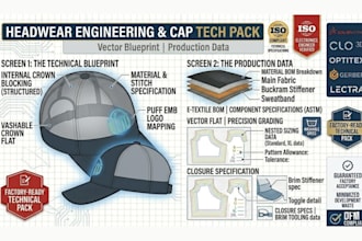 design a professional cap tech pack and headwear manufacturing spec sheet