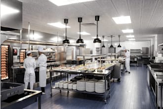 redesign commercial kitchen,restaurant visual,modern bakery,realistic rendering