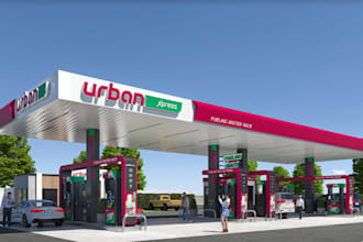 visualize modern gas station layout,filling,fuel station plan,petrol garage pump
