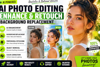 do realistic editing, enhance and background replacement for your photo with ai