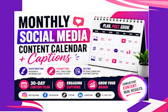 do monthly social media content calendar,  captions writing, post copywriter