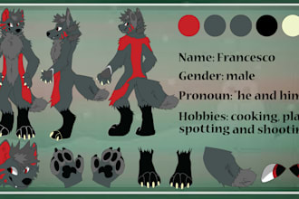 draw custom furry or fursona oc reference sheet with front, back and side view