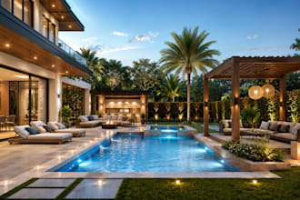 do modern house exterior facade backyard pool 3d rendering