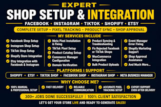 setup facebook shop, instagram shop, tiktok shop, fix meta pixel, etsy and shop