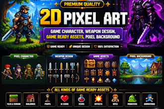 do 2d pixel game character, weapon design , game ready assets, pixel background
