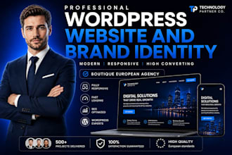 create a modern wordpress website with branding, logo and full business identity