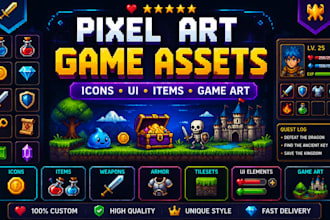 create retro pixel art, game items, icons and 2d game assets, board game UI, kyc