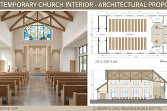 create professional church interior design in 2d and 3d views