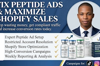 fix peptide ads issues, setup facebook, tiktok, google ads for peptide website