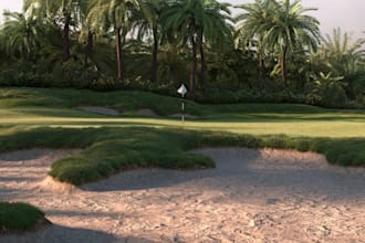 cgi rendering golf course, mini golf field, golf cart park design, golf bays